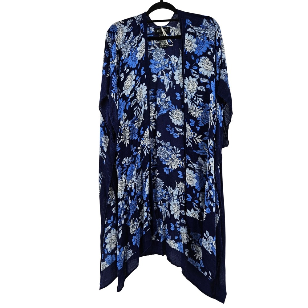 Boho Blue Floral Kimono Duster Wrap One Size Open Front Vacation‎ Summer Coastal